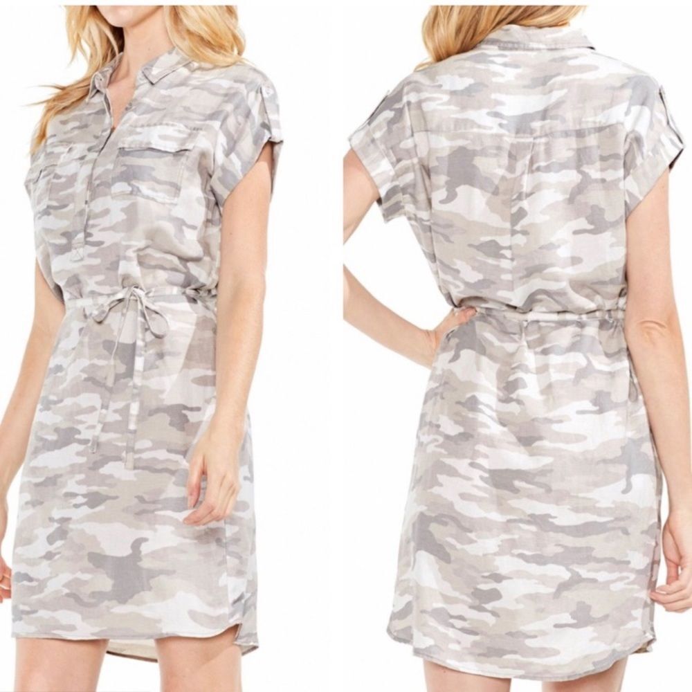 Vince Camuto Tan Belted Camouflage Roll Tab Sleeve Casual Mini Shirt Dress S